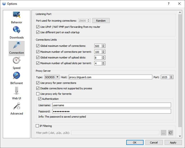 Proxy Server settings in Connection section of qBittorrent Options