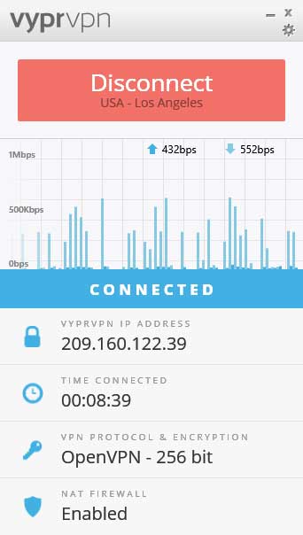 VyprVPN Windows app showing the Connected state