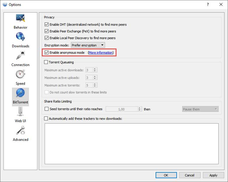 Privacy settings in BitTorrent section of qBittorrent Options