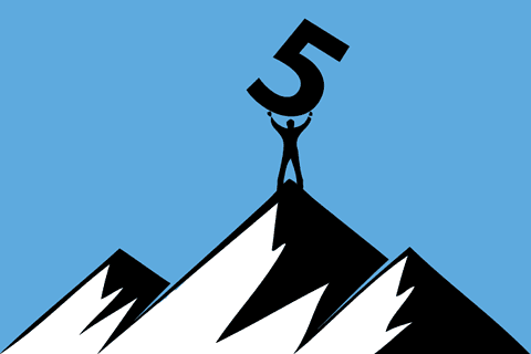 Figure holding the figure 5 on a stylized summit