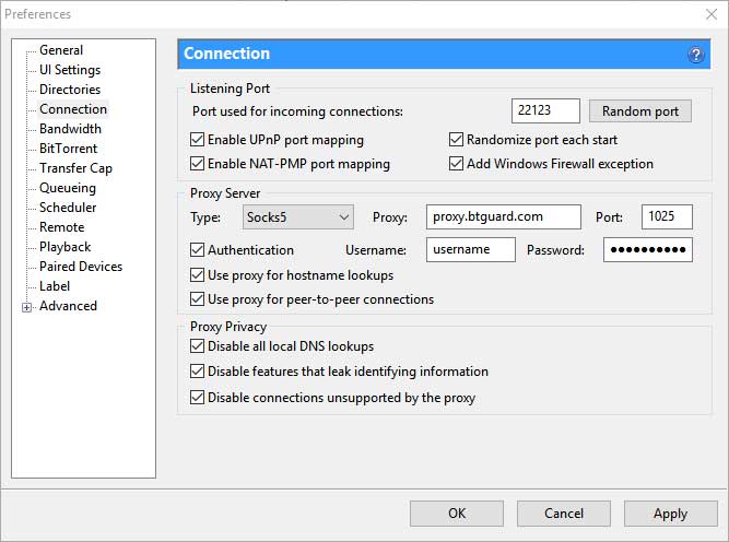 Proxy and privacy settings for BTGuard in the µTorrent preferences