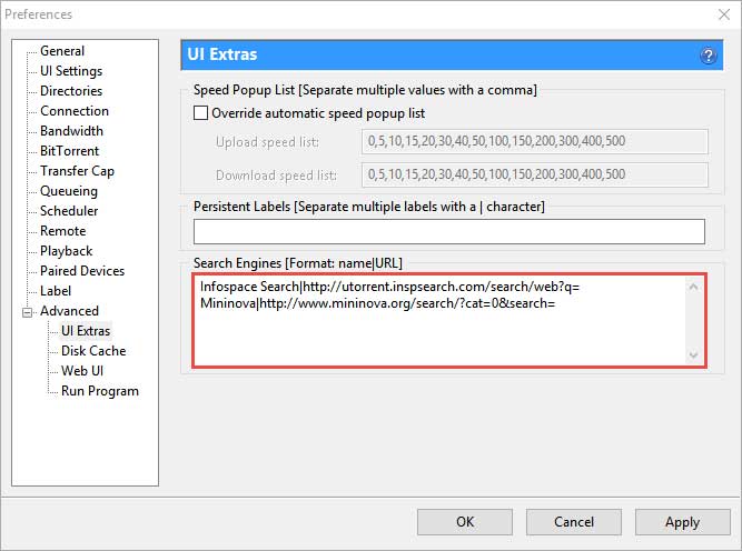 Search Engines field in Advanced options of µTorrent Preferences