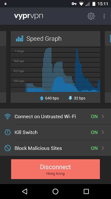 VyprVPN on an Android phone showing the main screen with Speed Graph